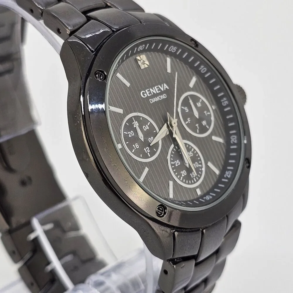Geneva Diamond Men Quartz Watch 42MM Black Dial Bracelet Band‎ 7.75
